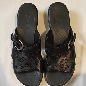 Clarks Black Leather Perforated Slide Mules with Buckle